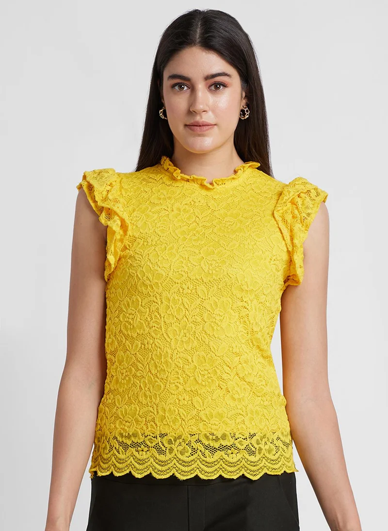 جلو باص Women Lace Self Design Flutter Sleeves High Neck Top